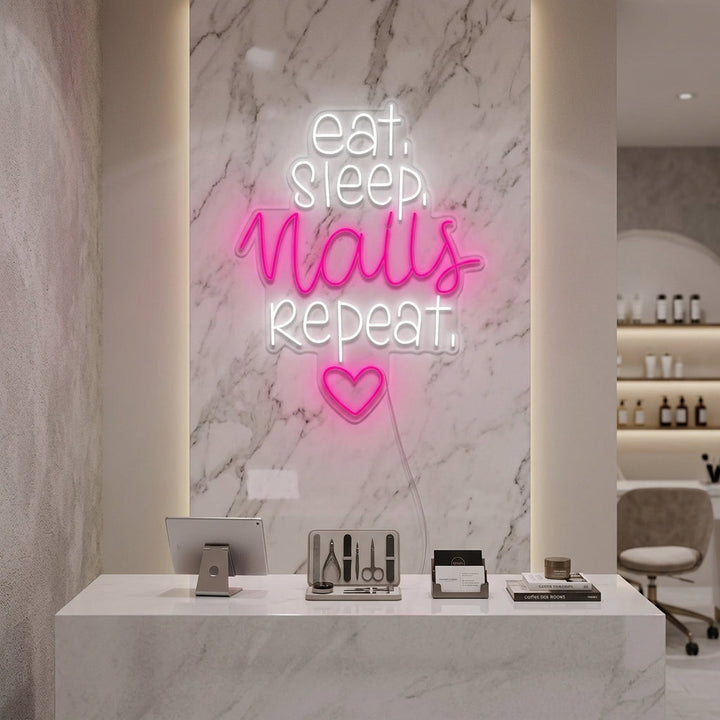 "Neglestudio Eat Sleep Nails Repeat" Neonskilt
