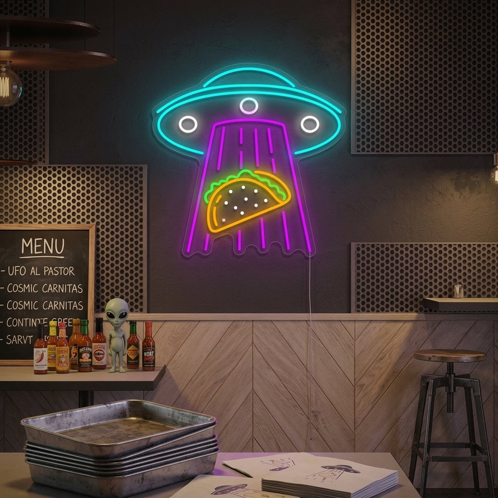 "Ufo-bortfører taco" Neonskilt