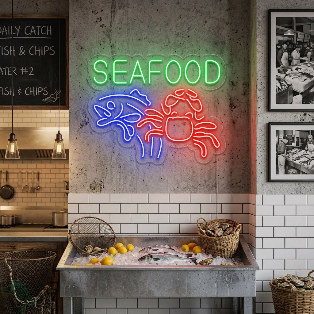 "Seafood, Kreps, Fisk" Neonskilt