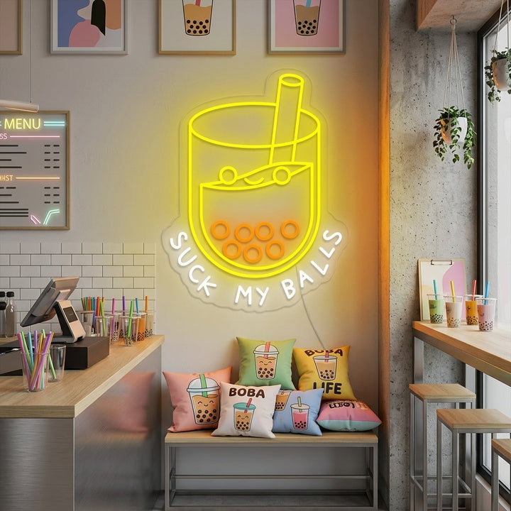 "Suck my balls, Boba-te, Boba-elskere" Neonskilt