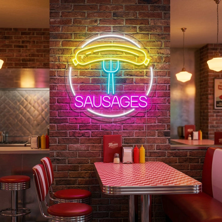 "Sausages, sausage, fork" Neonskilt