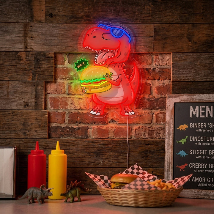 "Dinosaur spiser burger" Neonskilt