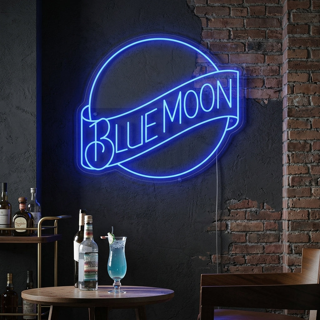 "Blue Moon Lagerøl" Neonskilt