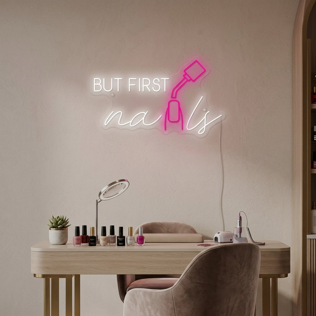 "But First Nails" Neonskilt