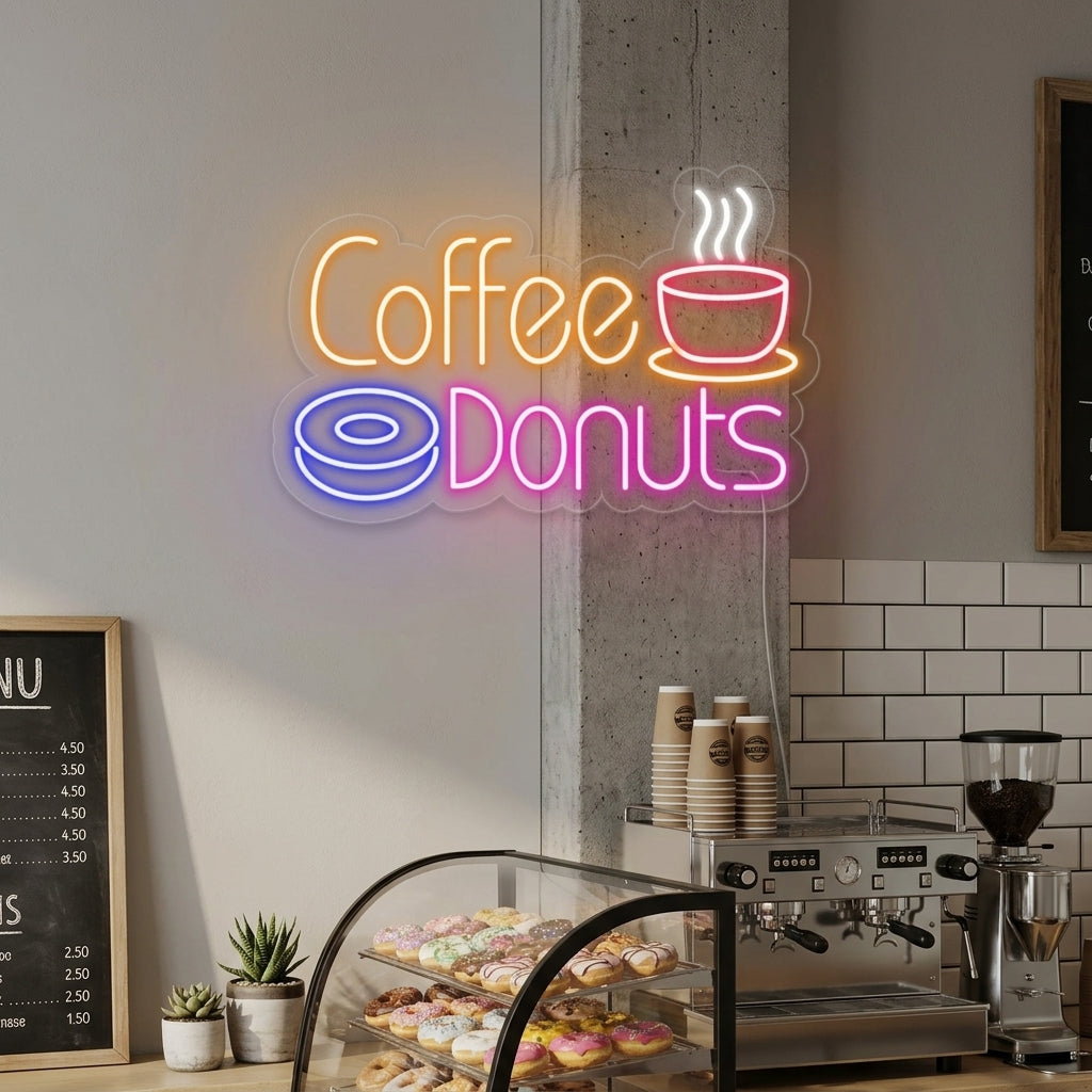 "Varm kaffe, Coffee Donuts" Neonskilt