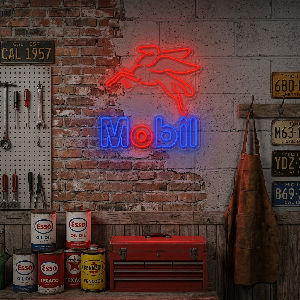 "Mobil, Olje Gass Butikk" Neonskilt