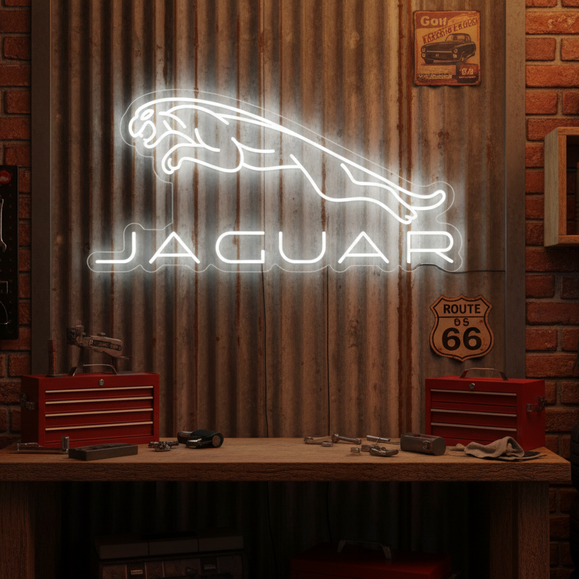 White neon sign featuring the leaping Jaguar logo, perfect for luxury car lovers and modern garages.