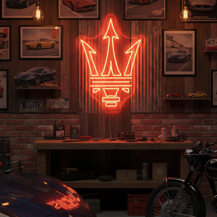 Red neon sign featuring the iconic Maserati trident, ideal for sports car enthusiasts and Italian-style garages.