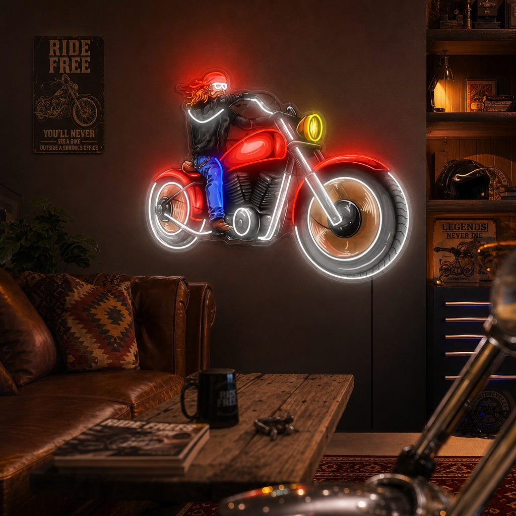 "Mann og klassisk retro motorsykkel" Neonskilt