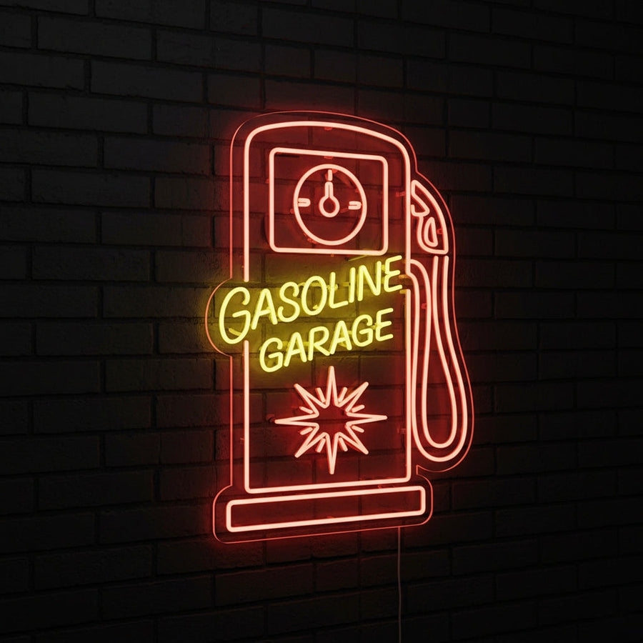 Neon sign shaped like a vintage gas pump with “Gasoline Garage” text, perfect for workshops or man caves.