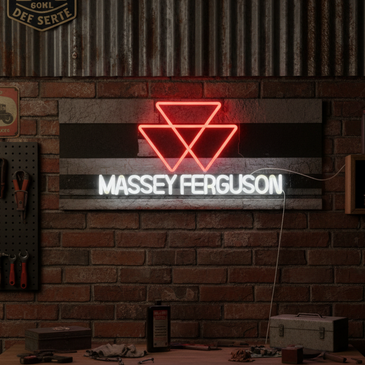 Red triangle Massey Ferguson logo neon sign with white text, ideal for agricultural or workshop decor.