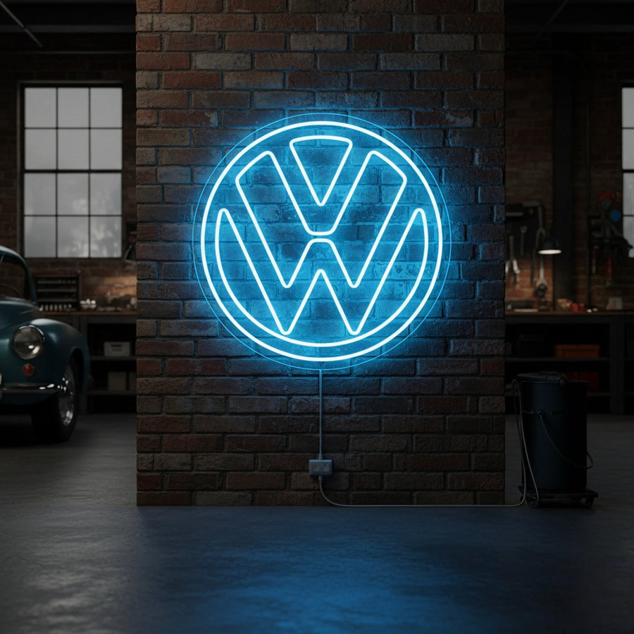 Blue VW circular logo neon sign, ideal for retro garages or automotive display walls.