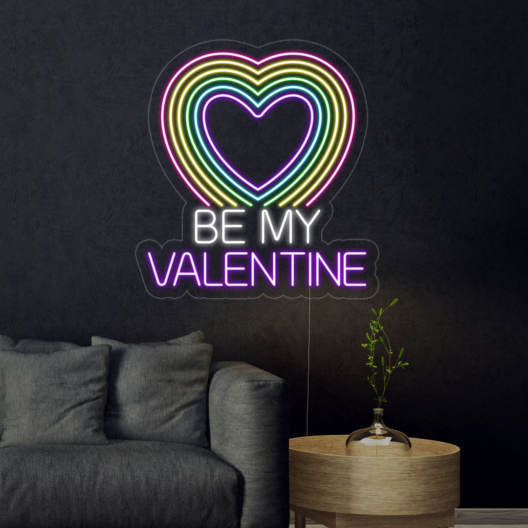 "Be My Valentine, Regnbue Hjerte" Neonskilt