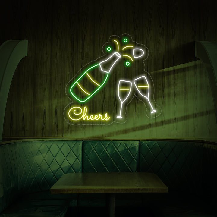 "Champagneflaske, Champagneglass, Cheers" Neonskilt
