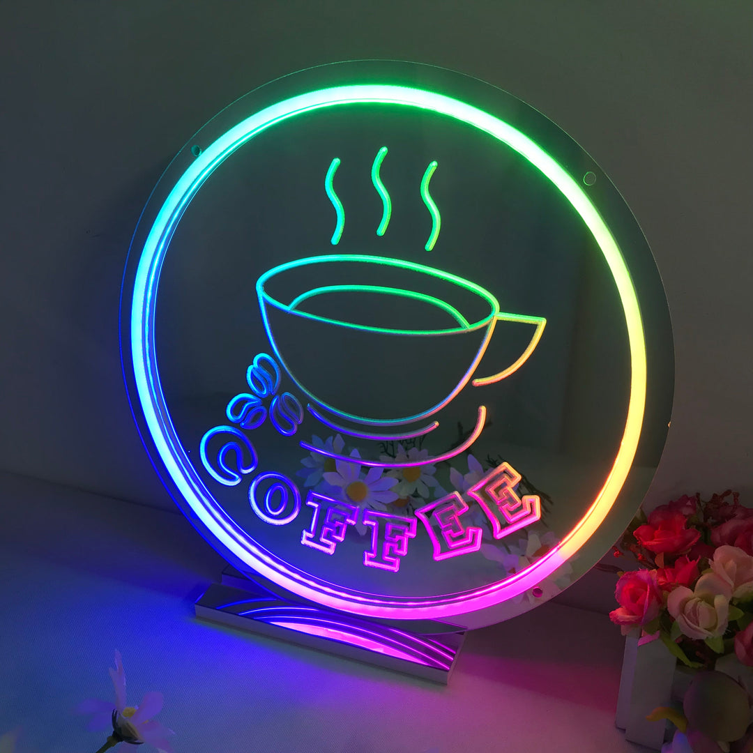 "Coffee, Hot Coffee, Drømmende Fargeskiftende" Neonskilt med speilbakside
