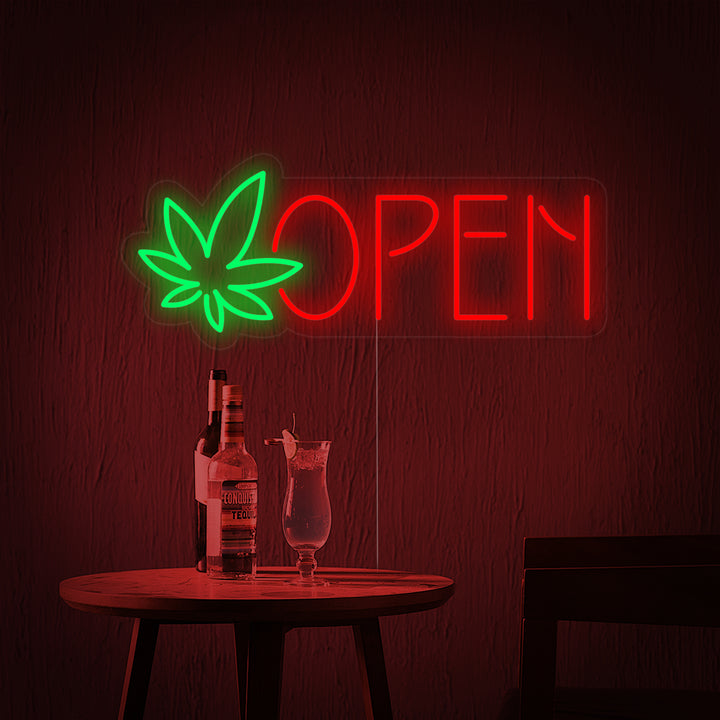 "open, dispensary, marihøyeblad" Neonskilt