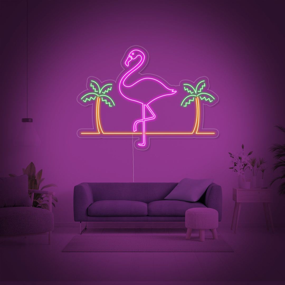 "Flamingo, Palmetrær, Bar" Neonskilt