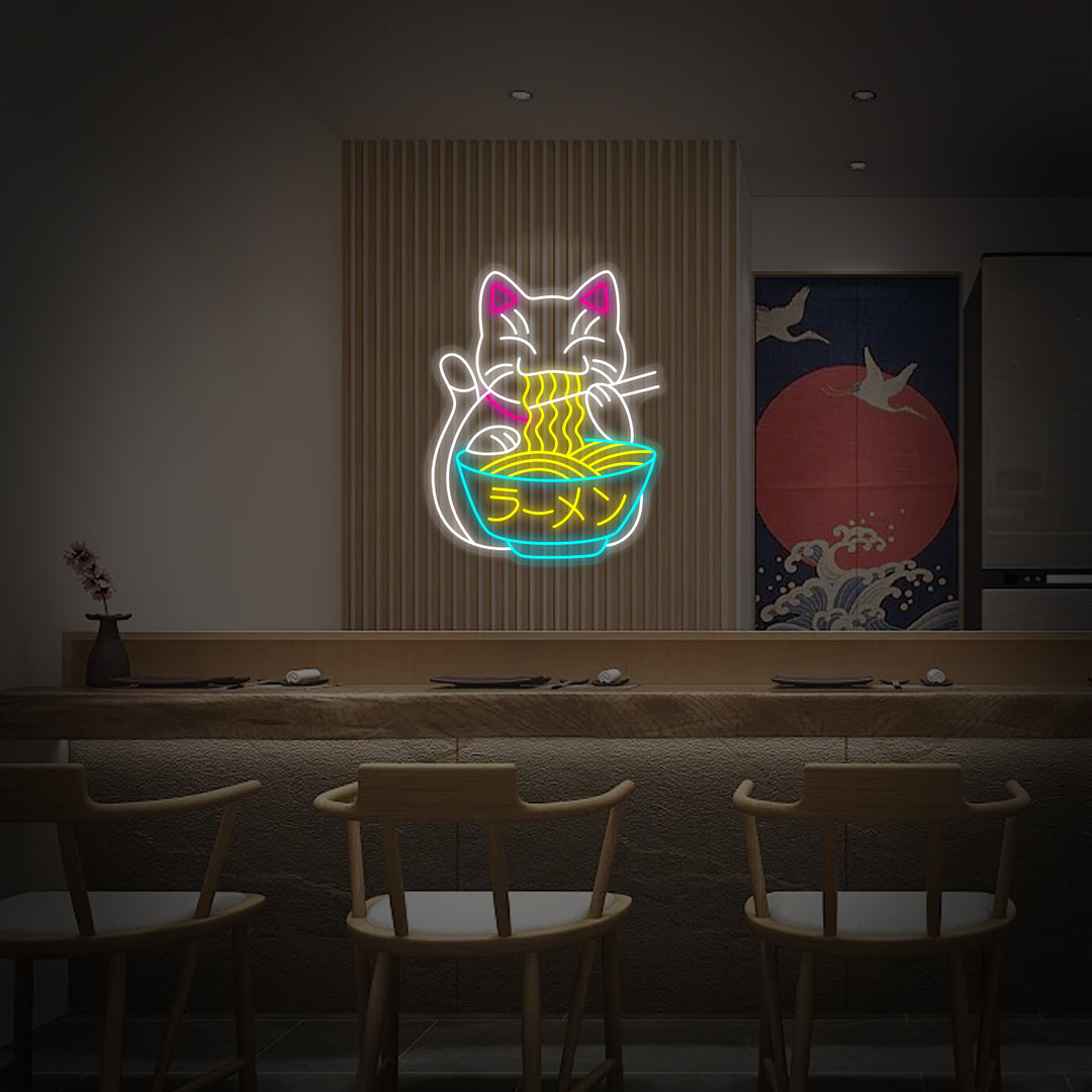 "Lykkepusekatt Spiser Ramen Og Japanske Nudler" Neonskilt