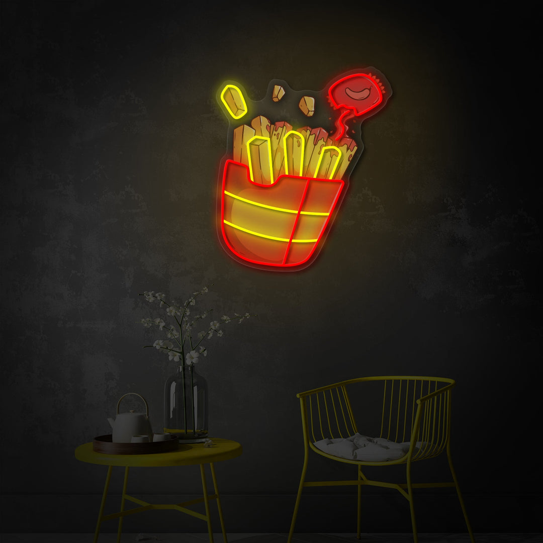 "Pommes frites med chilisaus, hurtigmat" UV-trykt LED-neonskilt