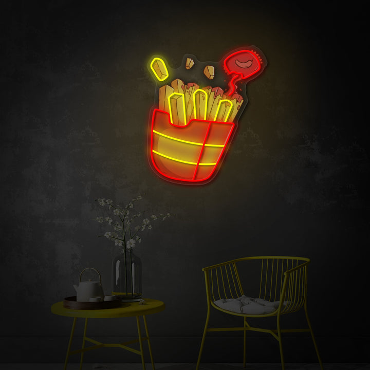 "Pommes frites med chilisaus, hurtigmat" UV-trykt LED-neonskilt