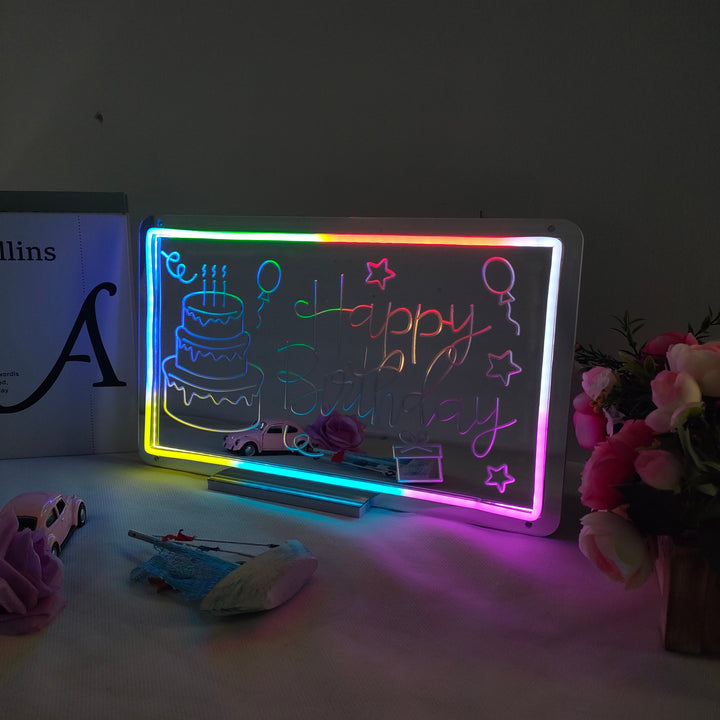 "Happy Birthday, Drømmende Fargeskiftende" Neonskilt med speilbakside