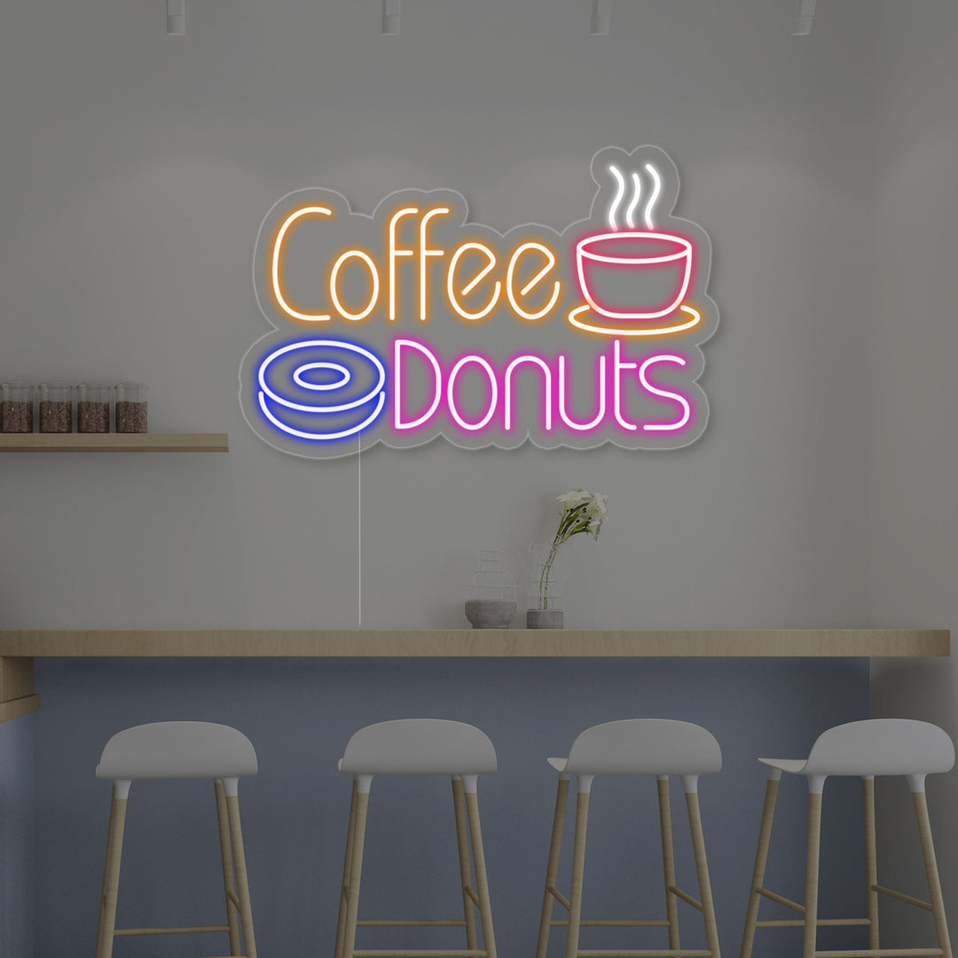 "Varm kaffe, Coffee Donuts" Neonskilt
