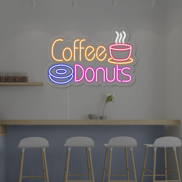 "Varm kaffe, Coffee Donuts" Neonskilt