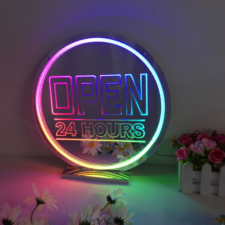 "Open 24 Hours, Drømmende Fargeskiftende" Neonskilt med speilbakside