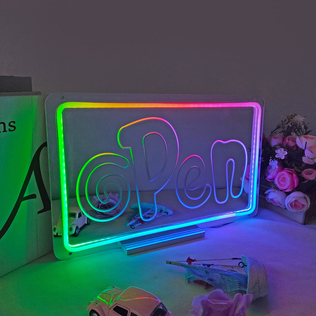 "Open Sign, Drømmende Fargeskiftende" Neonskilt med speilbakside