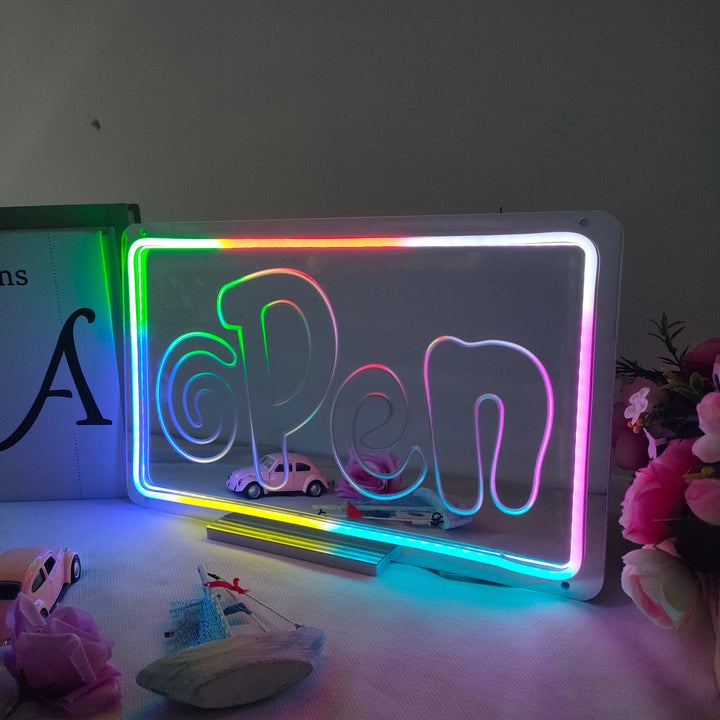 "Open Sign, Drømmende Fargeskiftende" Neonskilt med speilbakside