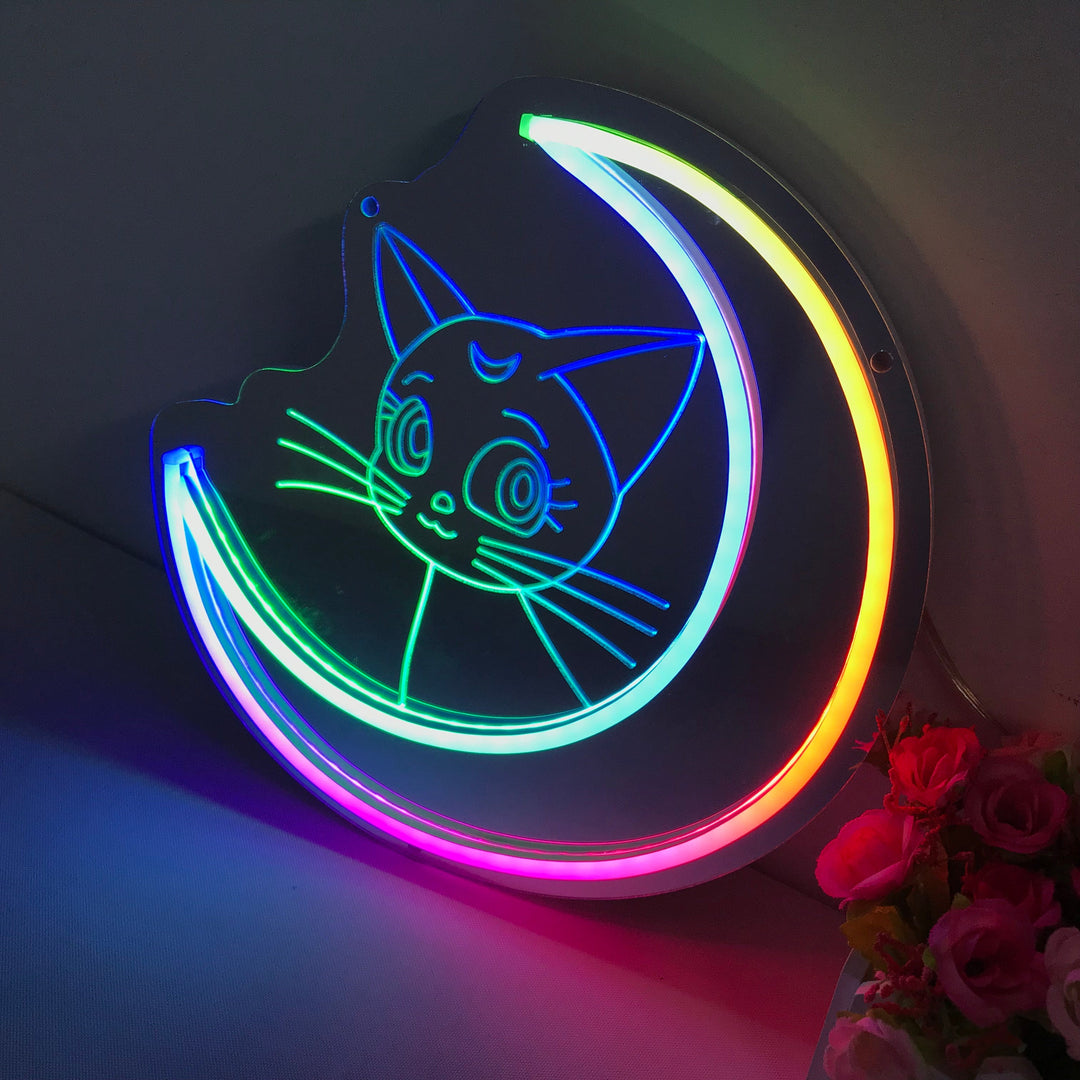 "Sailor Moon Luna, Anime, Drømmende Fargeskiftende" Neonskilt med speilbakside