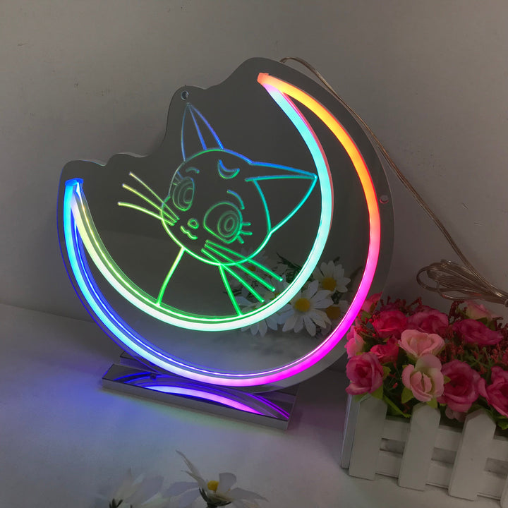 "Sailor Moon Luna, Anime, Drømmende Fargeskiftende" Neonskilt med speilbakside
