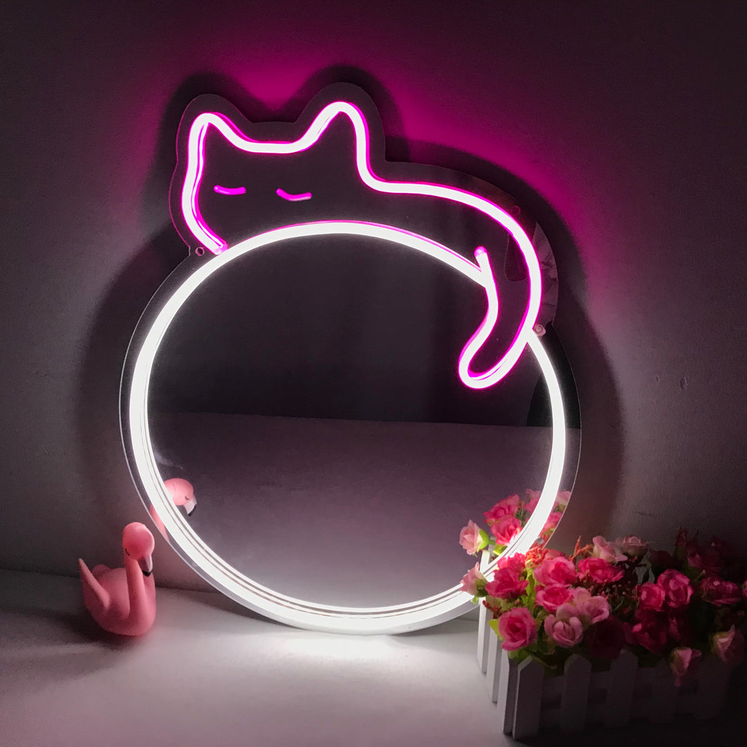 "Sleepy Cat, Cartoon, Drømmende Fargeskiftende" Neonskilt med speilbakside