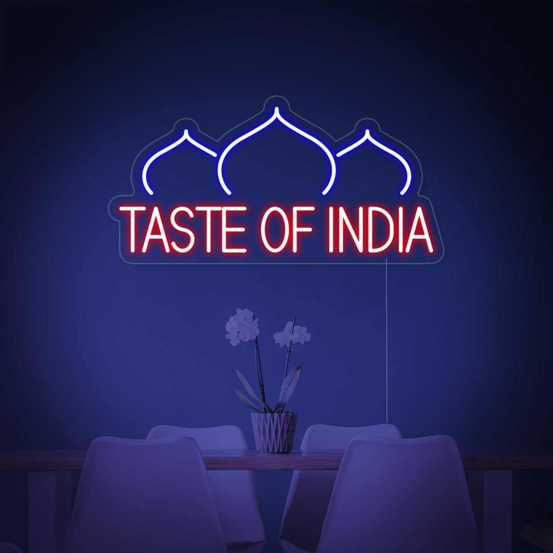 "TASTE OF INDIA, Restaurant, løk" Neonskilt
