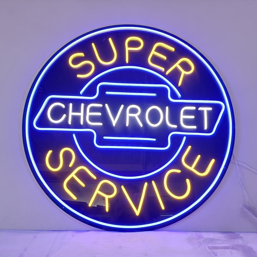 Ferdig Chevrolet logo neon tegn glødende i blå og gul