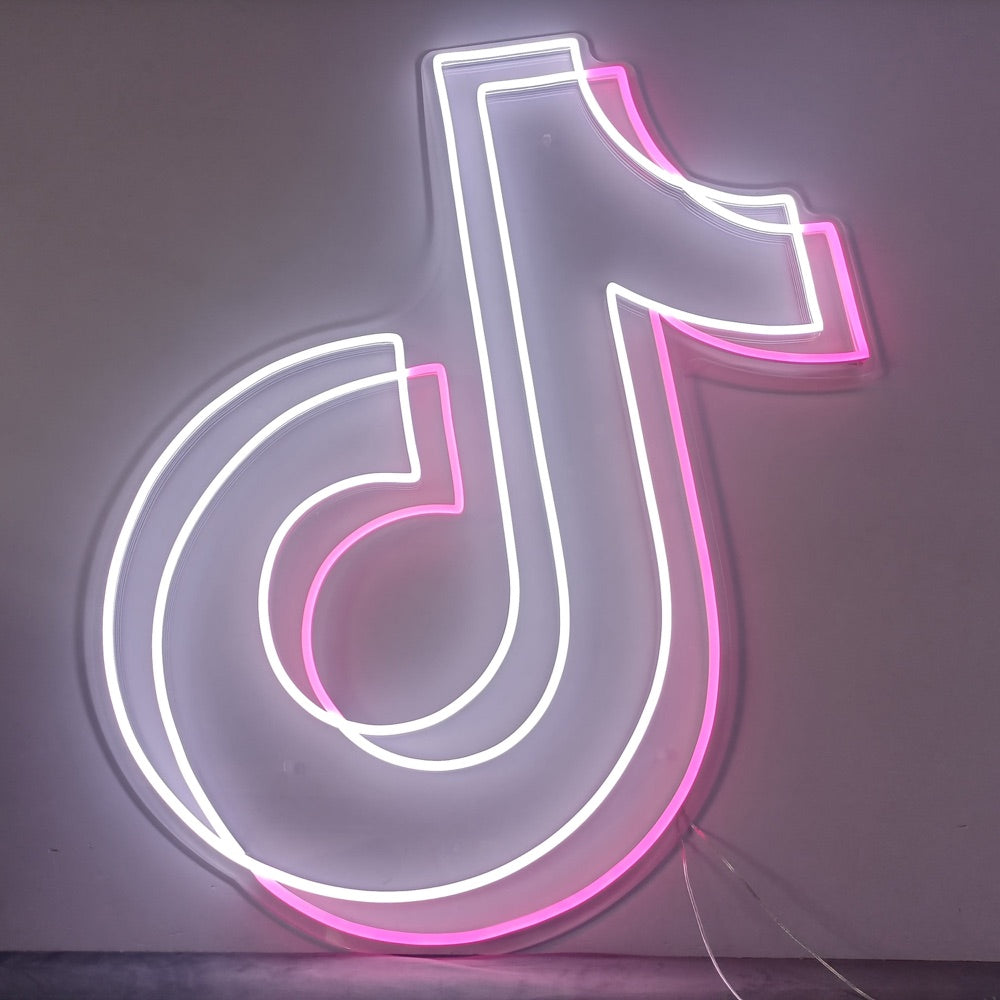 Ferdig TikTok logo neon tegn glødende i hvit og rosa