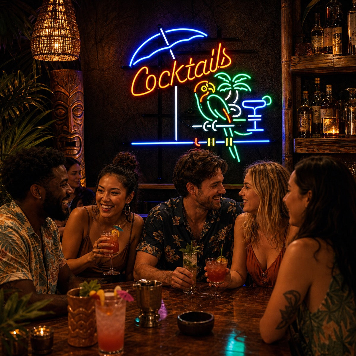 Et fargerikt cocktail-neonskilt i en bar.